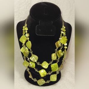 VINTAGE Three Strand Mossy Green Shell Beaded Necklace